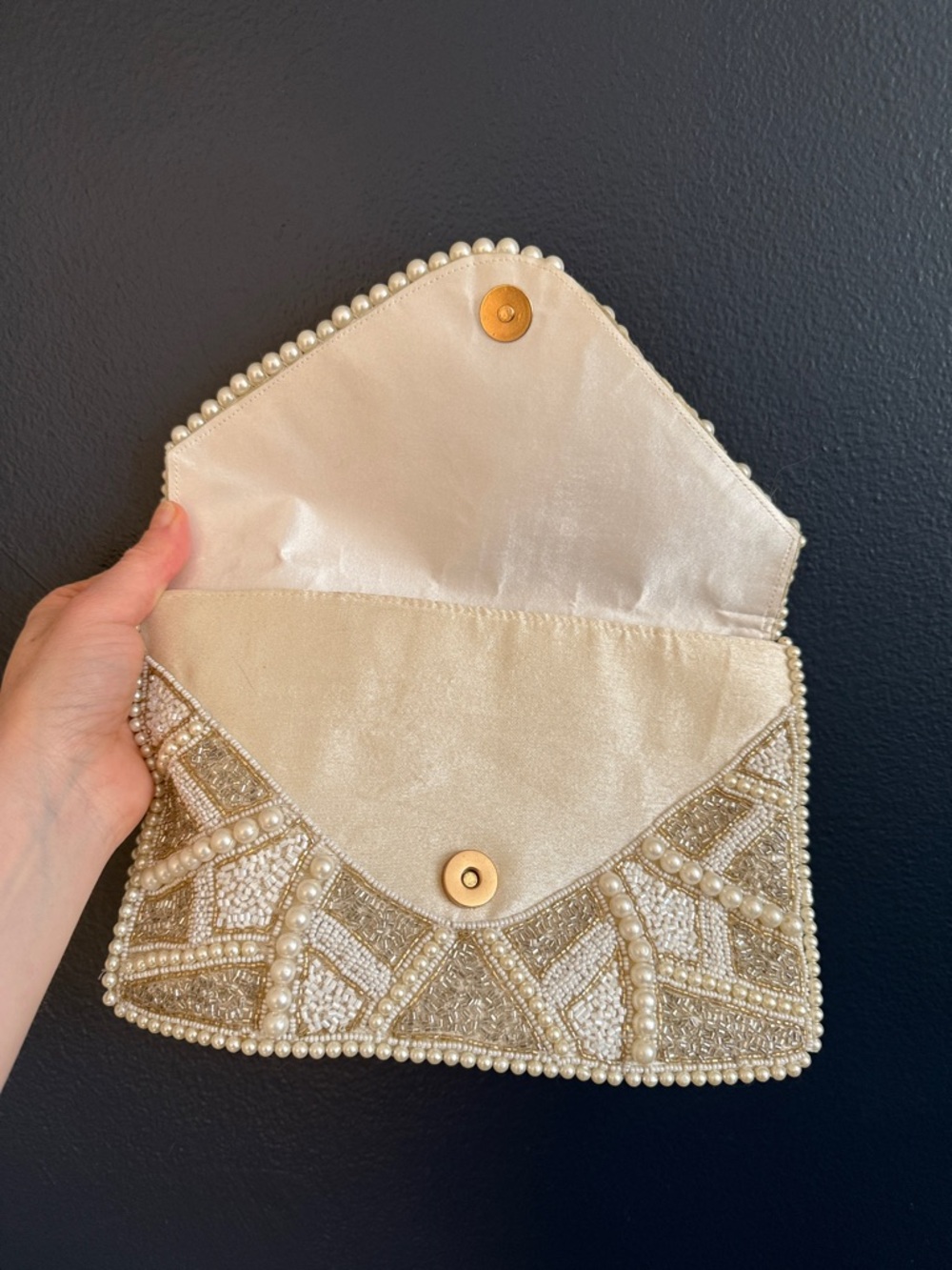 Lulu’s Beaded Pearl Embellished Clutch - Ivory/White/Gold - Picture 2 of 4